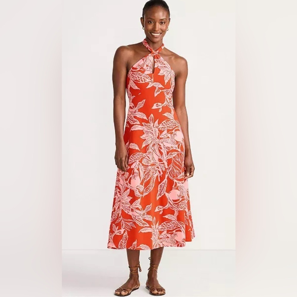 Lands End Cotton Modal Halter Midi Dress size Large Orange Leaves NWT